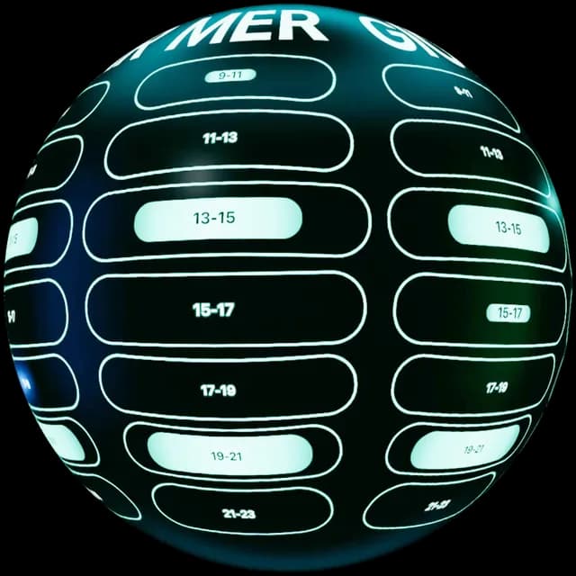 Il pianeta Booking di Multiverbe, una sfera scura con la griglia degli orari in verde acqua